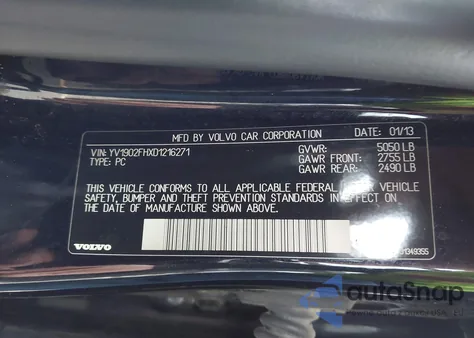 2013 Volvo S60 T6/T6 Platinum/T6 Premier Plus/T6 R-Design/T6 R-Design Platinum z USA, uszkodzony, nr VIN YV1902FHXD1216271